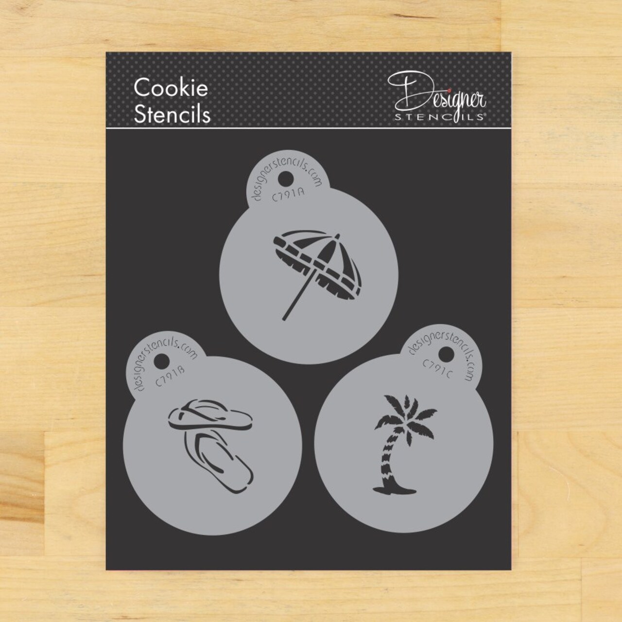 Mini Beach Cookie & Cupcake Stencil Set: Beach Umbrella, Flip-Flops, Palm Tree | C791 by Designer Stencils | Cookie Decorating Tools | Baking Stencils for Royal Icing, Airbrush, Dusting Powder | Reusable Food Grade Stencils | Easy to Use & Clean